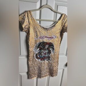 Vintage Ed Hardy Mini Dress YTK 90’s metallic gold rhinestones size M